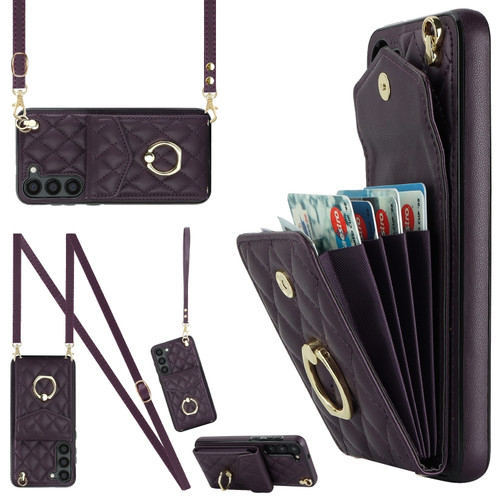 Samsung Galaxy S23 5G Rhombic Texture Card Bag Phone Case with Long Lanyard - Dark Purple