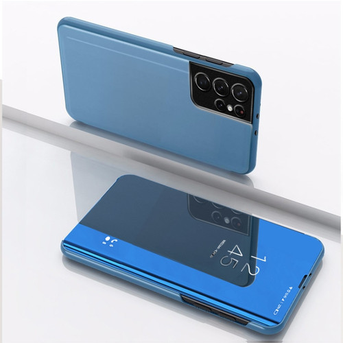 Samsung Galaxy S23 Ultra 5G Plated Mirror Leather Phone Case with Holder - Blue