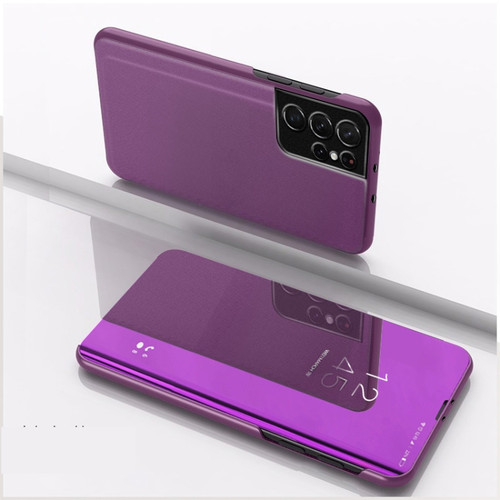 Samsung Galaxy S23 Ultra 5G Plated Mirror Leather Phone Case with Holder - Purple