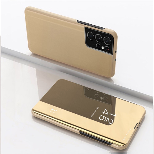 Samsung Galaxy S23 Ultra 5G Plated Mirror Leather Phone Case with Holder - Gold