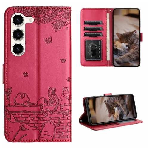 Samsung Galaxy S23 Cat Embossing Pattern Leather Phone Case with Lanyard - Red