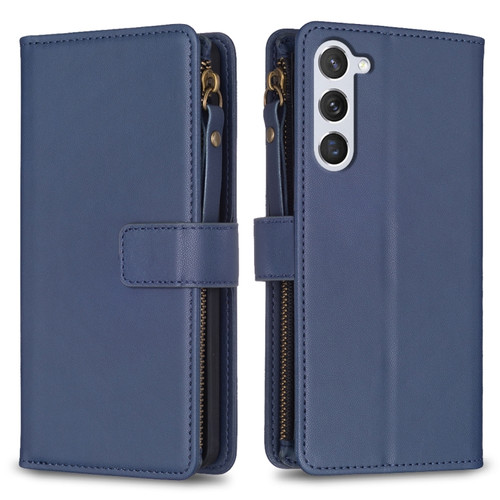 Samsung Galaxy S23 5G 9 Card Slots Zipper Wallet Leather Flip Phone Case - Blue