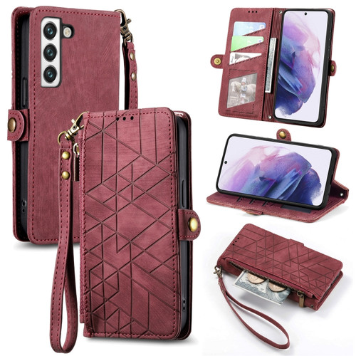 Samsung Galaxy S23 5G Geometric Zipper Wallet Side Buckle Leather Phone Case - Red