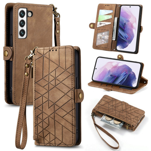 Samsung Galaxy S23 5G Geometric Zipper Wallet Side Buckle Leather Phone Case - Brown