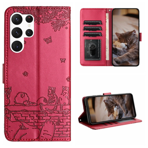 Samsung Galaxy S23 Ultra Cat Embossing Pattern Leather Phone Case with Lanyard - Red