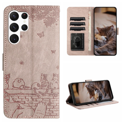 Samsung Galaxy S23 Ultra Cat Embossing Pattern Leather Phone Case with Lanyard - Grey