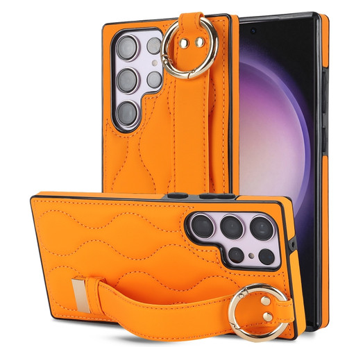 Samsung Galaxy S23 Ultra Non-slip Full Coverage Ring PU Phone Case with Wristband - Orange