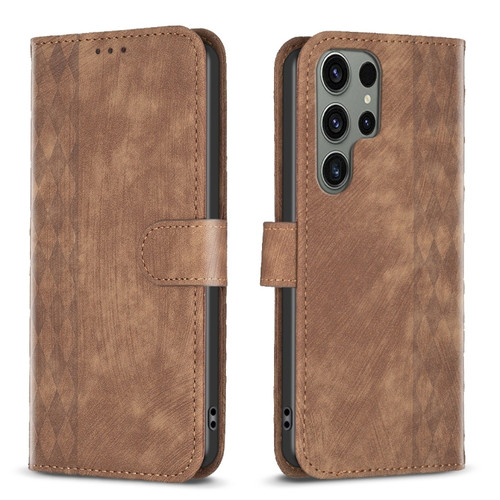 Samsung Galaxy S23 Ultra 5G Plaid Embossed Leather Phone Case - Brown