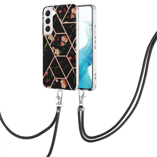 Samsung Galaxy S23+ 5G Splicing Marble Flower IMD TPU Phone Case with Lanyard - Black Flower