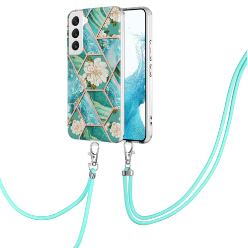 Samsung Galaxy S23+ 5G Splicing Marble Flower IMD TPU Phone Case with Lanyard - Blue Flower