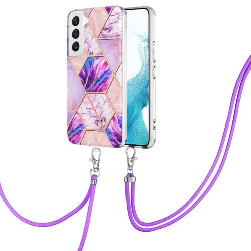 Samsung Galaxy S23+ 5G Electroplating IMD Splicing Dual-side Marble TPU Phone Case with Lanyard - Light Purple