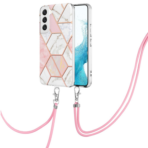 Samsung Galaxy S23+ 5G Electroplating IMD Splicing Dual-side Marble TPU Phone Case with Lanyard - Pink White