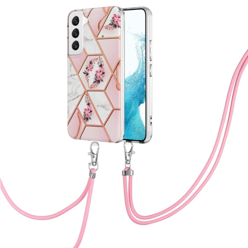 Samsung Galaxy S23+ 5G Splicing Marble Flower IMD TPU Phone Case with Lanyard - Pink Flower