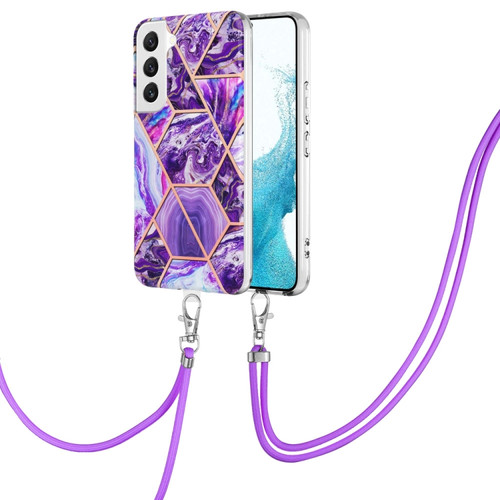 Samsung Galaxy S23+ 5G Electroplating IMD Splicing Dual-side Marble TPU Phone Case with Lanyard - Dark Purple