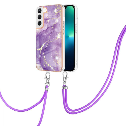 Samsung Galaxy S23+ 5G Electroplating Marble Dual-side IMD TPU Phone Case with Lanyard - Purple 002
