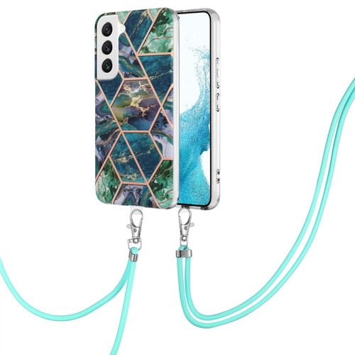 Samsung Galaxy S23+ 5G Electroplating IMD Splicing Dual-side Marble TPU Phone Case with Lanyard - Blue Green