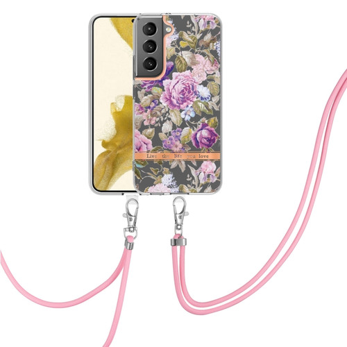 Samsung Galaxy S23+ 5G Flowers and Plants Series IMD TPU Phone Case with Lanyard - Purple Peony