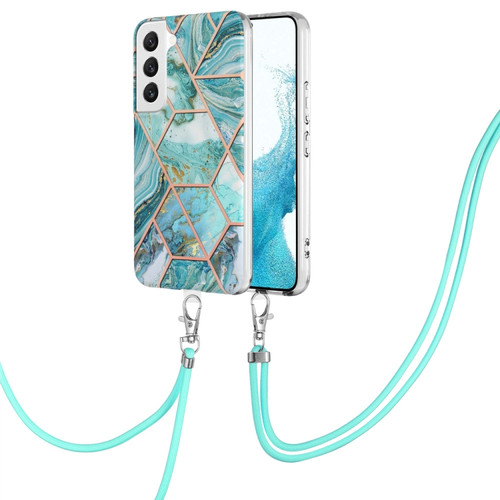 Samsung Galaxy S23+ 5G Electroplating IMD Splicing Dual-side Marble TPU Phone Case with Lanyard - Blue