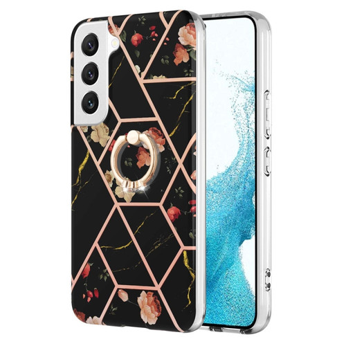 Samsung Galaxy S23+ 5G Splicing Marble Flower IMD TPU Phone Case with Ring Holder - Black Flower