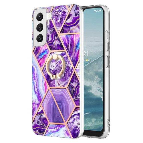 Samsung Galaxy S23+ 5G Splicing Marble Flower IMD TPU Phone Case Ring Holder - Dark Purple