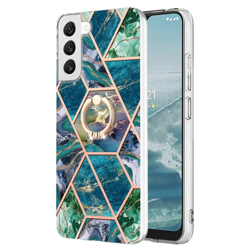 Samsung Galaxy S23+ 5G Splicing Marble Flower IMD TPU Phone Case Ring Holder - Blue Green