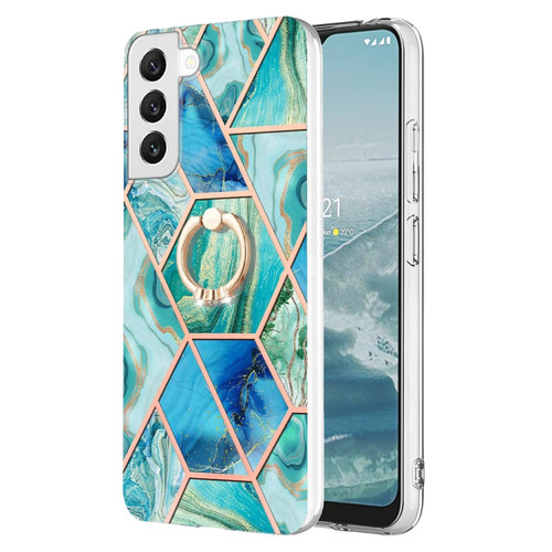 Samsung Galaxy S23+ 5G Splicing Marble Flower IMD TPU Phone Case Ring Holder - Green