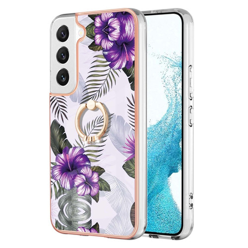 Samsung Galaxy S23+ 5G Electroplating IMD TPU Phone Case with Ring - Purple Flower