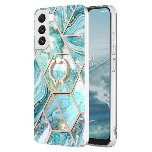 Samsung Galaxy S23+ 5G Splicing Marble Flower IMD TPU Phone Case Ring Holder - Blue