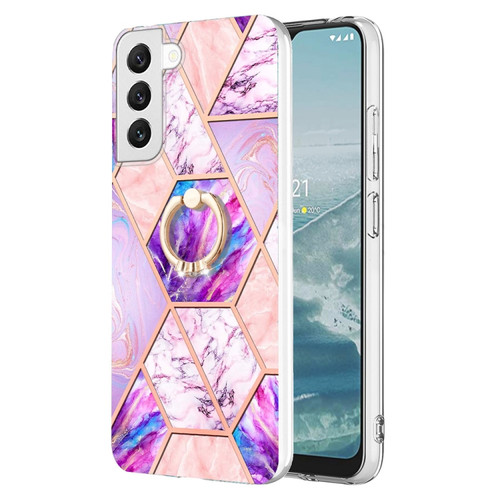 Samsung Galaxy S23+ 5G Splicing Marble Flower IMD TPU Phone Case Ring Holder - Light Purple