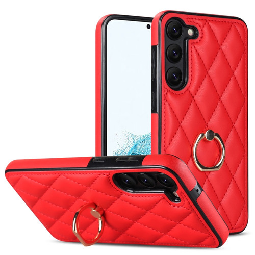 Samsung Galaxy S23+ 5G Rhombic PU Leather Phone Case with Ring Holder - Red
