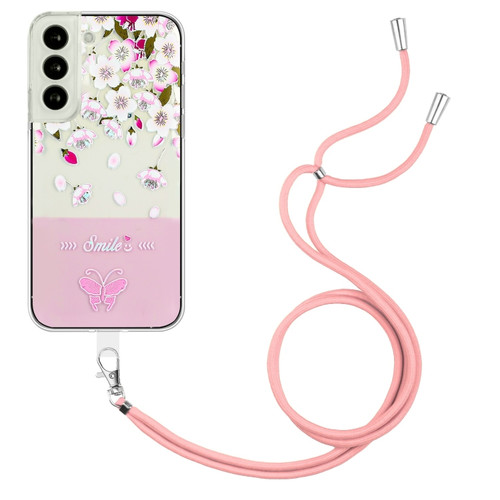 Samsung Galaxy S23+ 5G Bronzing Butterfly Flower TPU Phone Case with Lanyard - Peach Blossoms