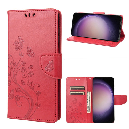 Samsung Galaxy S23+ 5G Butterfly Flower Pattern Flip Leather Phone Case - Red