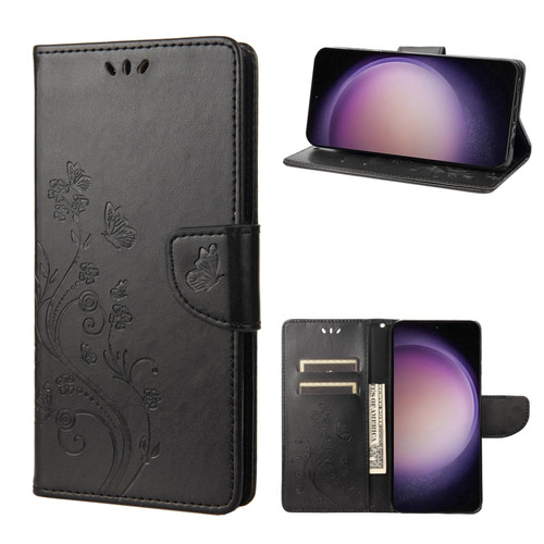 Samsung Galaxy S23+ 5G Butterfly Flower Pattern Flip Leather Phone Case - Black