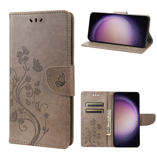 Samsung Galaxy S23+ 5G Butterfly Flower Pattern Flip Leather Phone Case - Grey