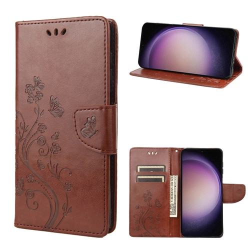 Samsung Galaxy S23+ 5G Butterfly Flower Pattern Flip Leather Phone Case - Brown