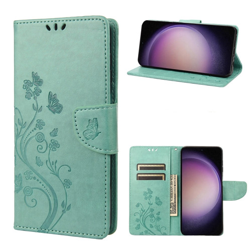 Samsung Galaxy S23+ 5G Butterfly Flower Pattern Flip Leather Phone Case - Green