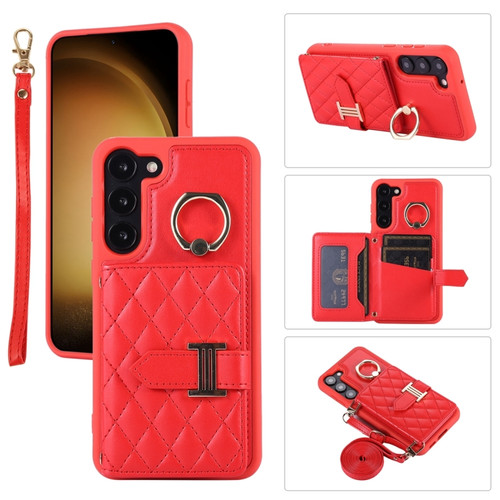 Samsung Galaxy S23+ 5G Horizontal Card Bag Ring Holder Phone Case with Dual Lanyard - Red