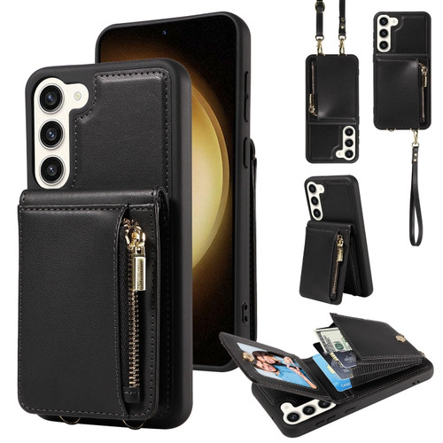 Samsung Galaxy S23+ 5G Crossbody Lanyard Zipper Wallet Leather Phone Case - Black