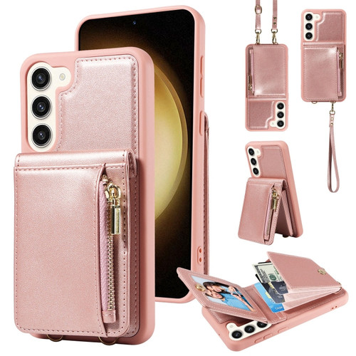 Samsung Galaxy S23+ 5G Crossbody Lanyard Zipper Wallet Leather Phone Case - Rose Gold