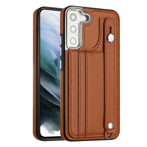 Samsung Galaxy S23+ Shockproof Leather Phone Case with Wrist Strap - Brown