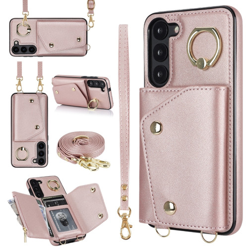 Samsung Galaxy S23+ 5G Zipper Card Bag Phone Case with Dual Lanyard - Rose Gold