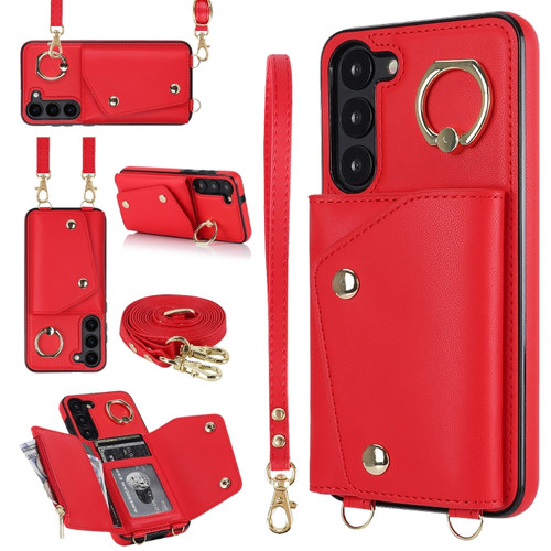 Samsung Galaxy S23+ 5G Zipper Card Bag Phone Case with Dual Lanyard - Red