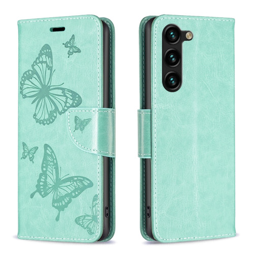 Samsung Galaxy S23+ 5G Embossing Two Butterflies Pattern Leather Case - Green