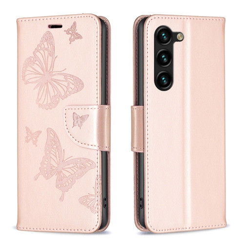 Samsung Galaxy S23+ 5G Embossing Two Butterflies Pattern Leather Case - Rose Gold