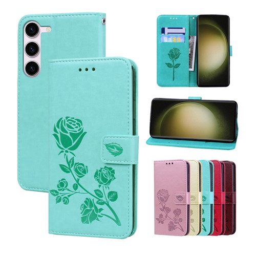 Samsung Galaxy S23+ 5G Rose Embossed Flip PU Leather Phone Case - Green