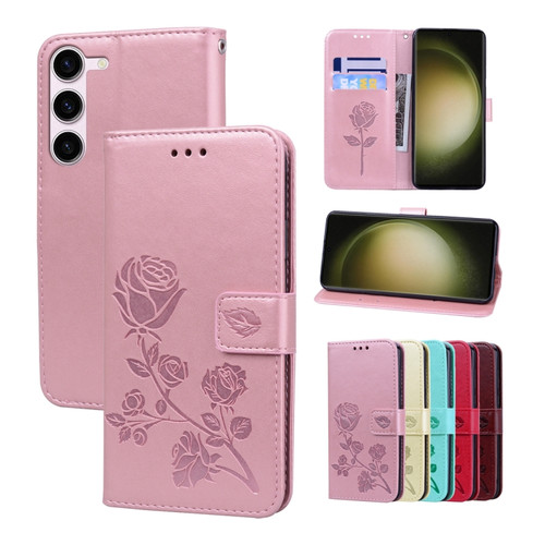 Samsung Galaxy S23+ 5G Rose Embossed Flip PU Leather Phone Case - Rose Gold