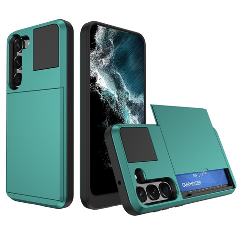 Samsung Galaxy S23+ 5G Multifunction Armor Slide Card Slot Phone Case - Green Lake