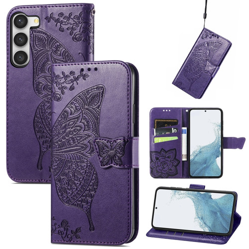 Samsung Galaxy S23+ 5G Butterfly Love Flower Embossed Leather Phone Case - Purple