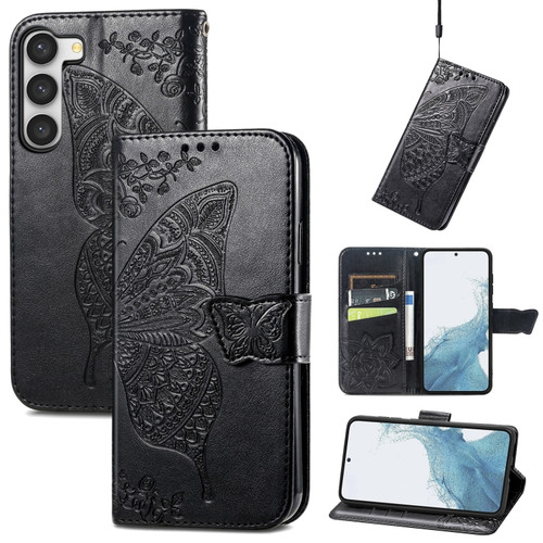 Samsung Galaxy S23+ 5G Butterfly Love Flower Embossed Leather Phone Case - Black