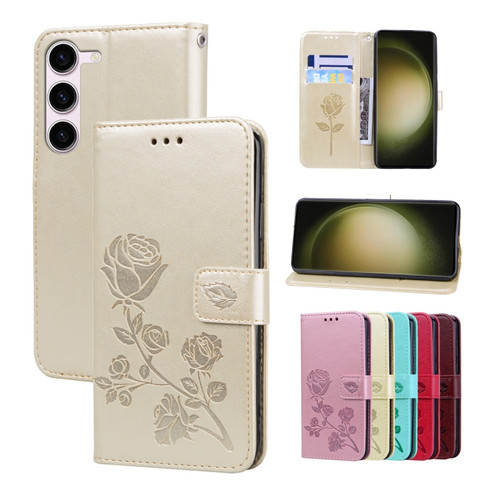 Samsung Galaxy S23+ 5G Rose Embossed Flip PU Leather Phone Case - Gold